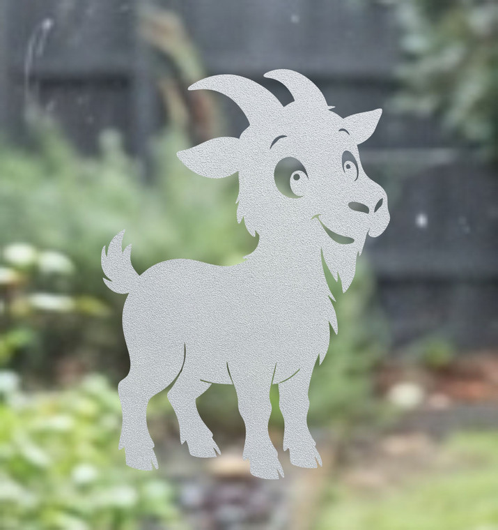 Close-up of a right-facing frosted  Goat window cling clinging to glass, showing etched-glass texture and soft matte finish.