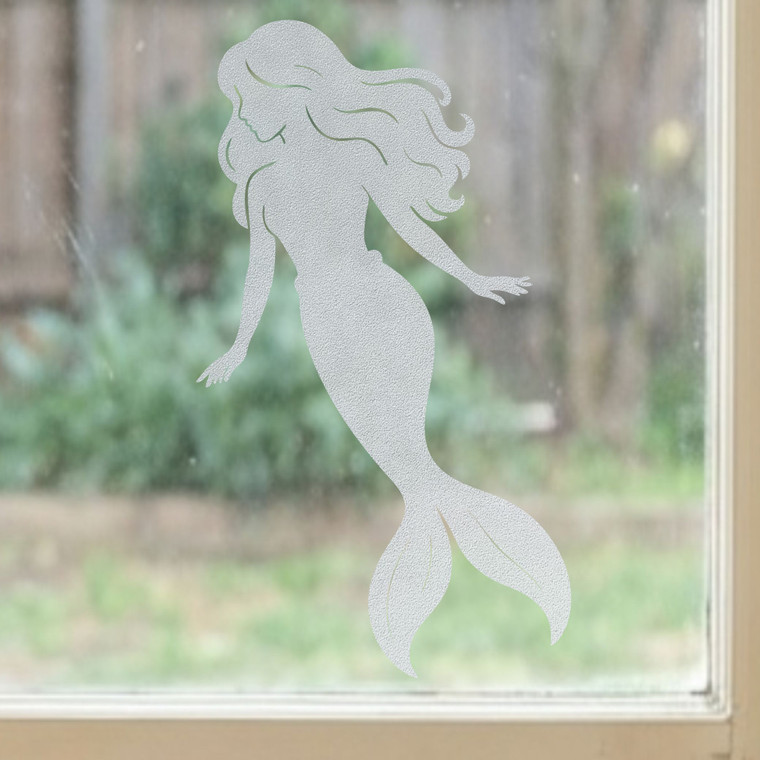 Ocean Mermaid frosted window cling, reusable static window decal with an etched‑glass finish, renter‑friendly and perfect for home, office, or classroom windows.
