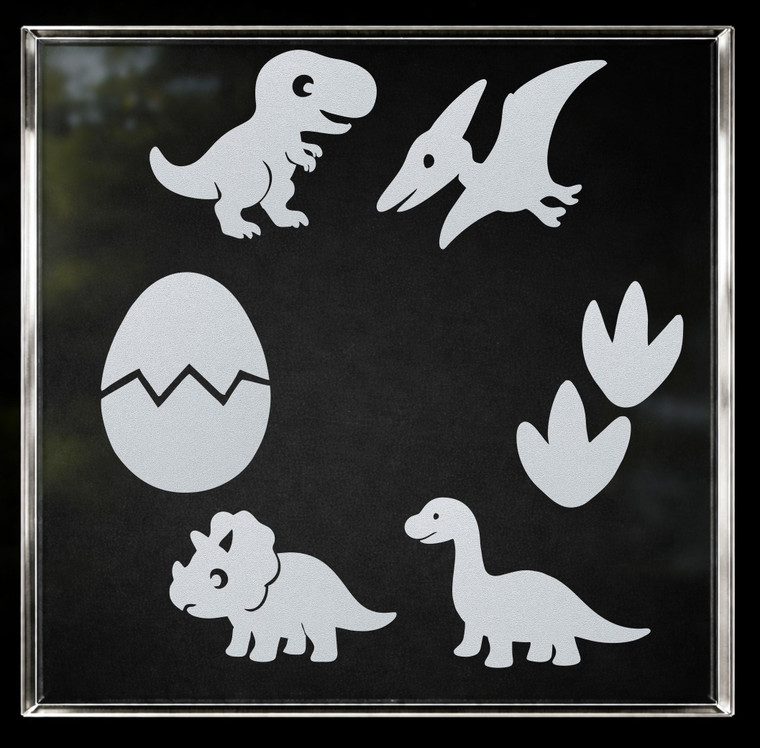 Dinosaur party favours frosted window clings set with T rex, triceratops and footprints