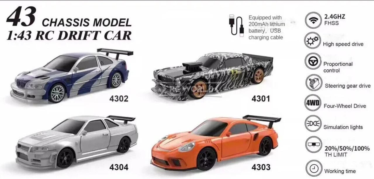 RC Car 1/43 Drift PORSCHE 911 GT3 RS AWD W/ LED Lights -RTR-