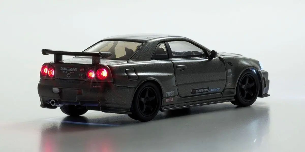Kyosho 1/64 NISSAN R34 GT-R MOTN Model Car w/ LED LIGHTS *GRAY*