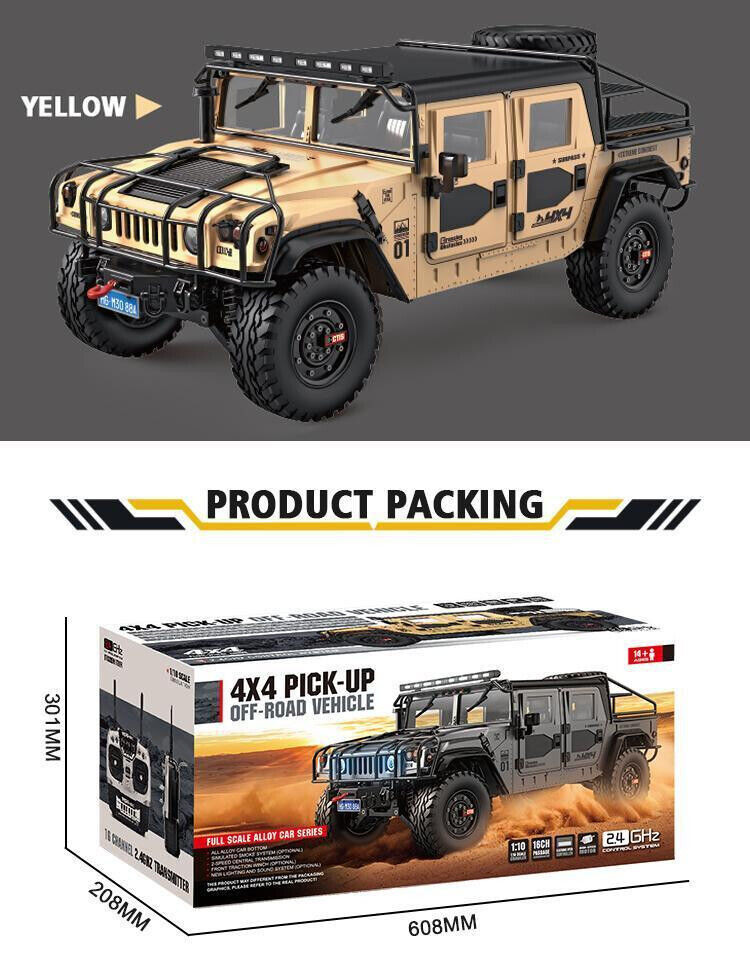 RC 1/10 HUMMER 4X4 Truck Full Option Pro 2-Speed/Sounds/LED/Smoke