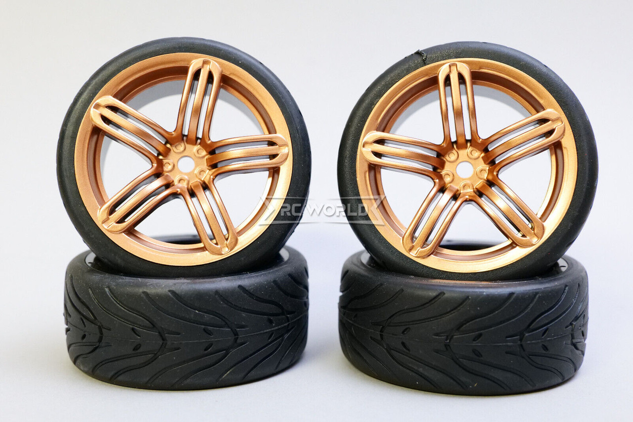 RC 1/10 CAR Wheels 5 STAR BURST GOLD w/ Semi Slick TIRES 4PC