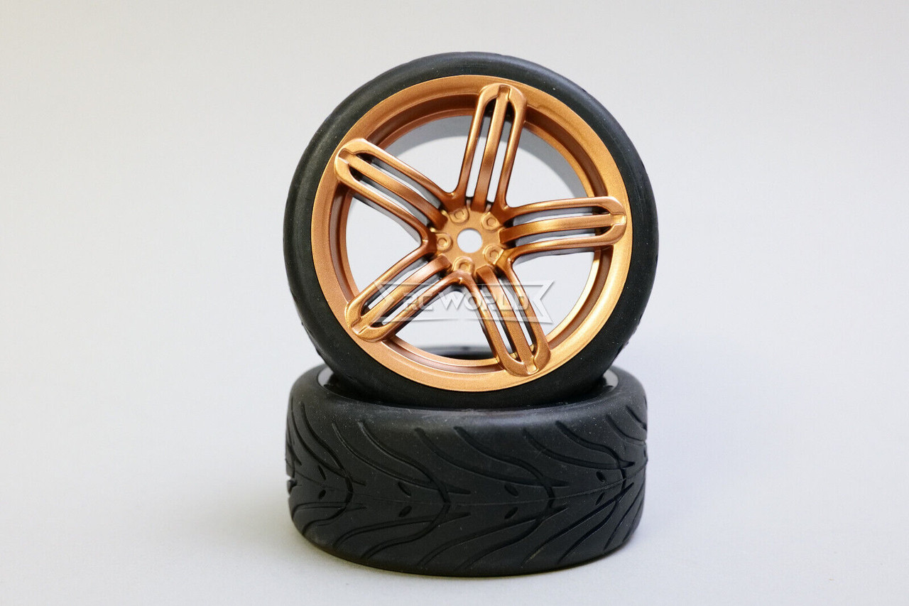 RC 1/10 CAR Wheels 5 STAR BURST GOLD w/ Semi Slick TIRES 4PC
