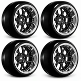 RC Wheels SET Adj. Offset 2/4/6/8mm -14 SPOKE BLACK/CHROME LIP W/ TIRES (4 pcs)