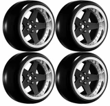 RC Wheels SET Adj. Offset 2/4/6/8mm -5 SPOKE BLACK/CHROME LIP W/ TIRES (4 pcs)
