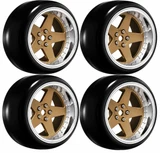 RC Wheels SET Adj. Offset 2/4/6/8mm -5 SPOKE BRONZE/CHROME LIP W/ TIRES (4 pcs)