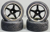 RC 1/10 Street WHEELS TIRES Package 3MM Offset BLACK 5 STAR W/ CHROME LIP (4PCS)