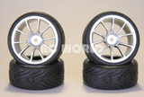 RC 1/10 CAR TIRES SILVER WHEELS RIMS PACKAGE KYOSHO TAMIYA HPI #7