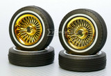 1/10 LOW RIDER White Wall RIMS + TIRES W Nut Covers (4PCS) Set -GOLD CHROME- 
