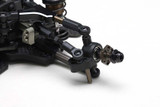 The front steering block is equipped with the latest model. The maximum steering angle has been improved by changing the position of the steering stopper, and neutral steering characteristics have been obtained with the kingpin position without trail.