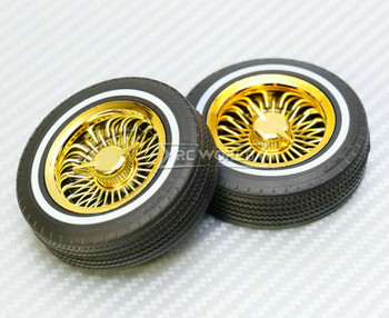 1/10 LOW RIDER White Wall RIMS + TIRES W Nut Covers (4PCS) Set -GOLD CHROME-
