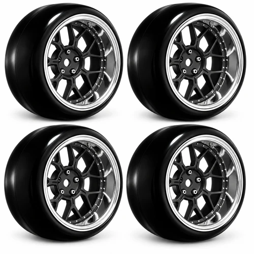 RC Wheels SET Adj. Offset 2/4/6/8mm -14 SPOKE BLACK/CHROME LIP W/ TIRES (4 pcs)