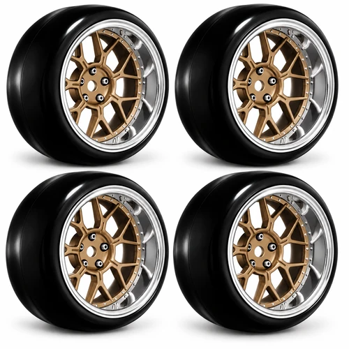RC Wheels SET Adj. Offset 2/4/6/8mm -14 SPOKE BRONZE/CHROME LIP W/ TIRES (4 pcs)