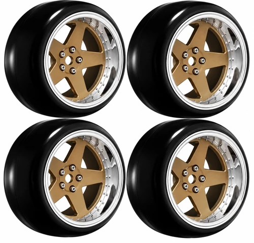 RC Wheels SET Adj. Offset 2/4/6/8mm -5 SPOKE BRONZE/CHROME LIP W/ TIRES (4 pcs)
