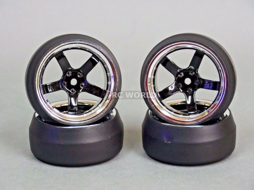 RC 1/10 DRIFT WHEELS Package 0 Degree 6 MM Offset 5 Spoke BLACK W/ CHROME LIP