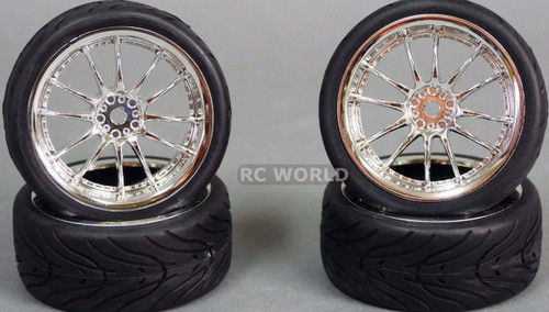 RC Car 1/10 WHEELS Tires SEMI-SLICK 3MM Offset CHROME MULTI SPOKE   -SET OF 4-