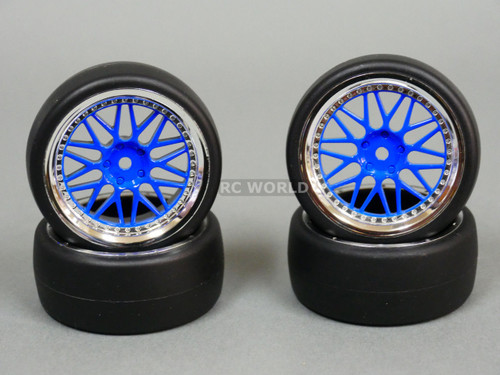 RC Car 1/10 DRIFT WHEELS TIRES Package 3MM Offset BBS Style Rims Blue Open  