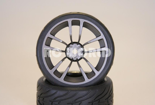 RC 1/10 Street SEMI SLICK WHEELS TIRES Package 3MM Offset GUN METAL 5 STAR SPLIT