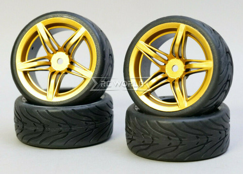 RC 1/10 Car Wheels 5 STAR GOLD W/ Semi Slick Street (4pcs)