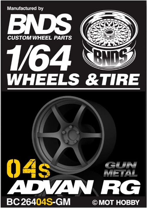1/64 Plastic WHEELS RIMS TIRES SET (4PCS) -ADVAN RG-04S-GUN METAL-