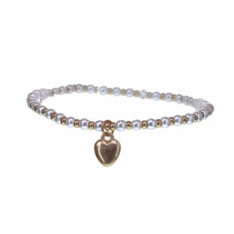 Faux Pearl Stretch Anklet with Gold Plated Puff Heart
