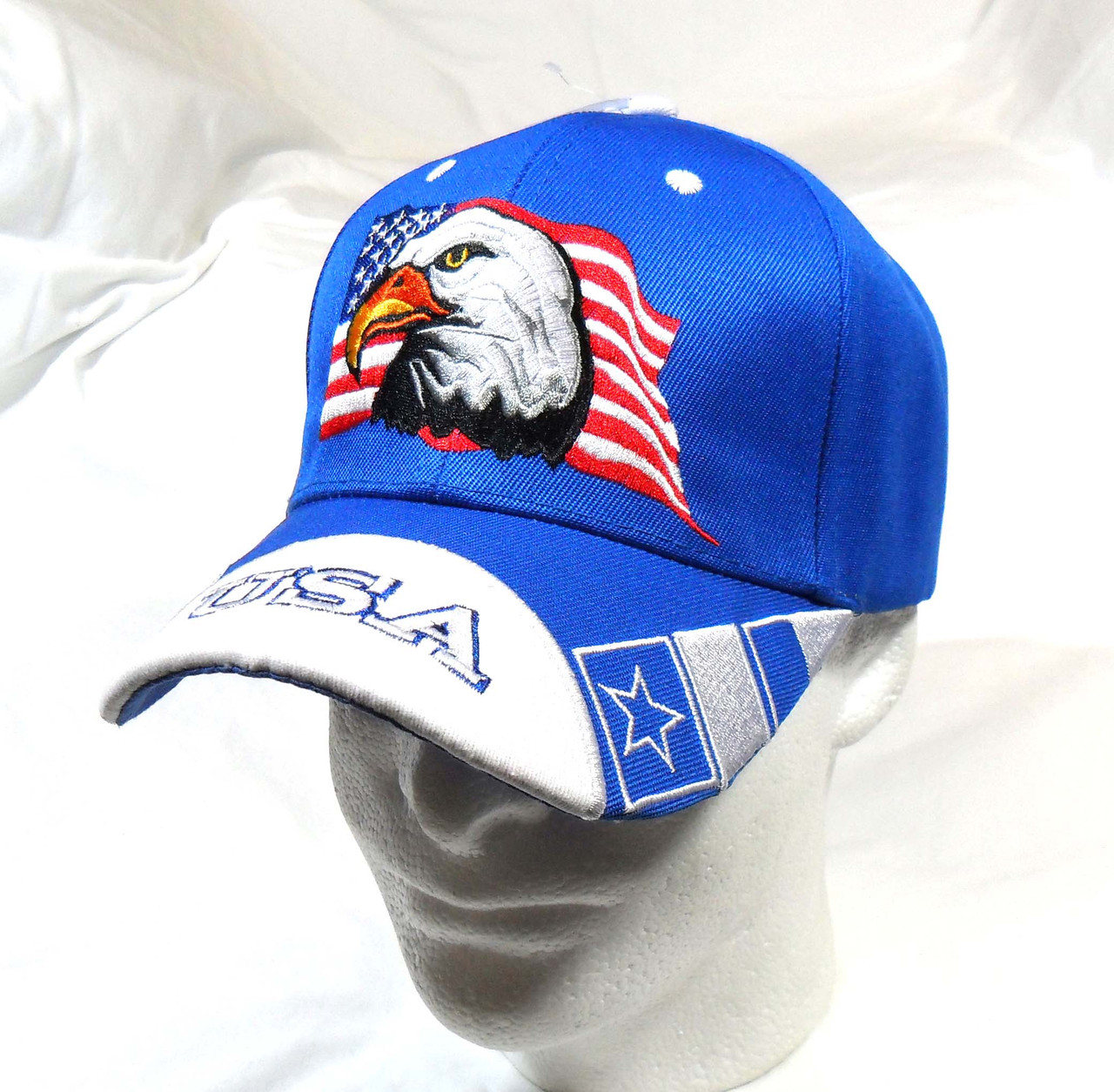 USA American Flag Bald Eagle Patriotic Hat (Raised Embroidered Eagle and Flag) Cap Blue