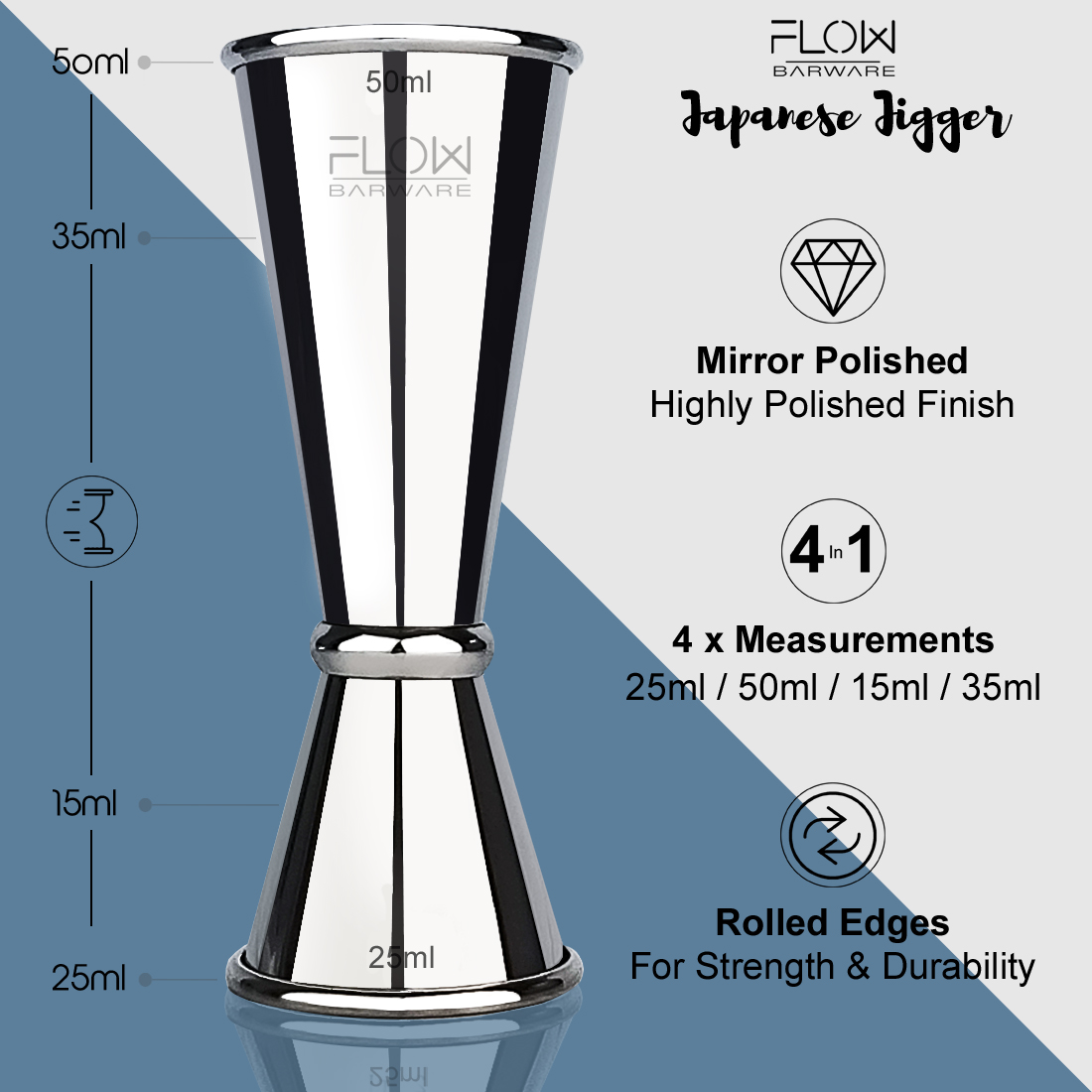 Set of 2 Stainless Steel 25/50 ml & 15/30 ml Cocktail Jigger Spirit Measure  Cup, Shot Measure Dual Measuring Cup for Bar Party Wine Cocktail Drink  Shaker Shaker: Buy Online at Best