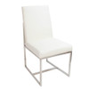 white leather side chair with silver toned geometric legs. three quarters side view