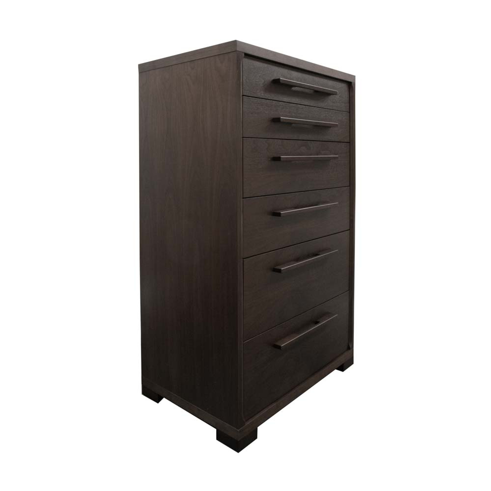 right facing view of a dark walnut colored high chest with six different sized drawers.