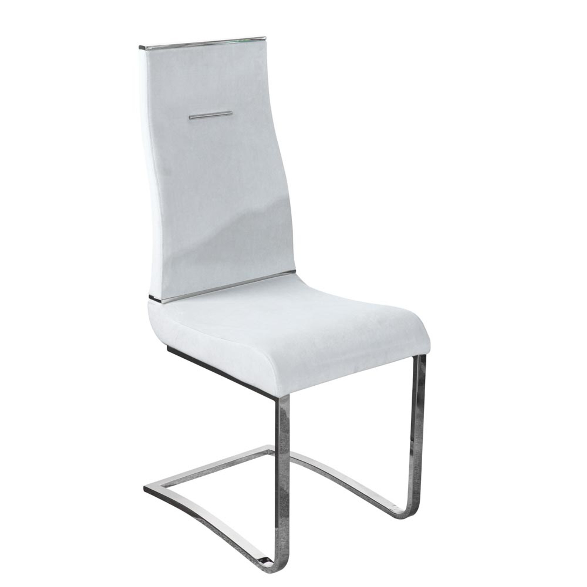 Curved grey fabric dining chair with square steel base. three-quarters right facing view.