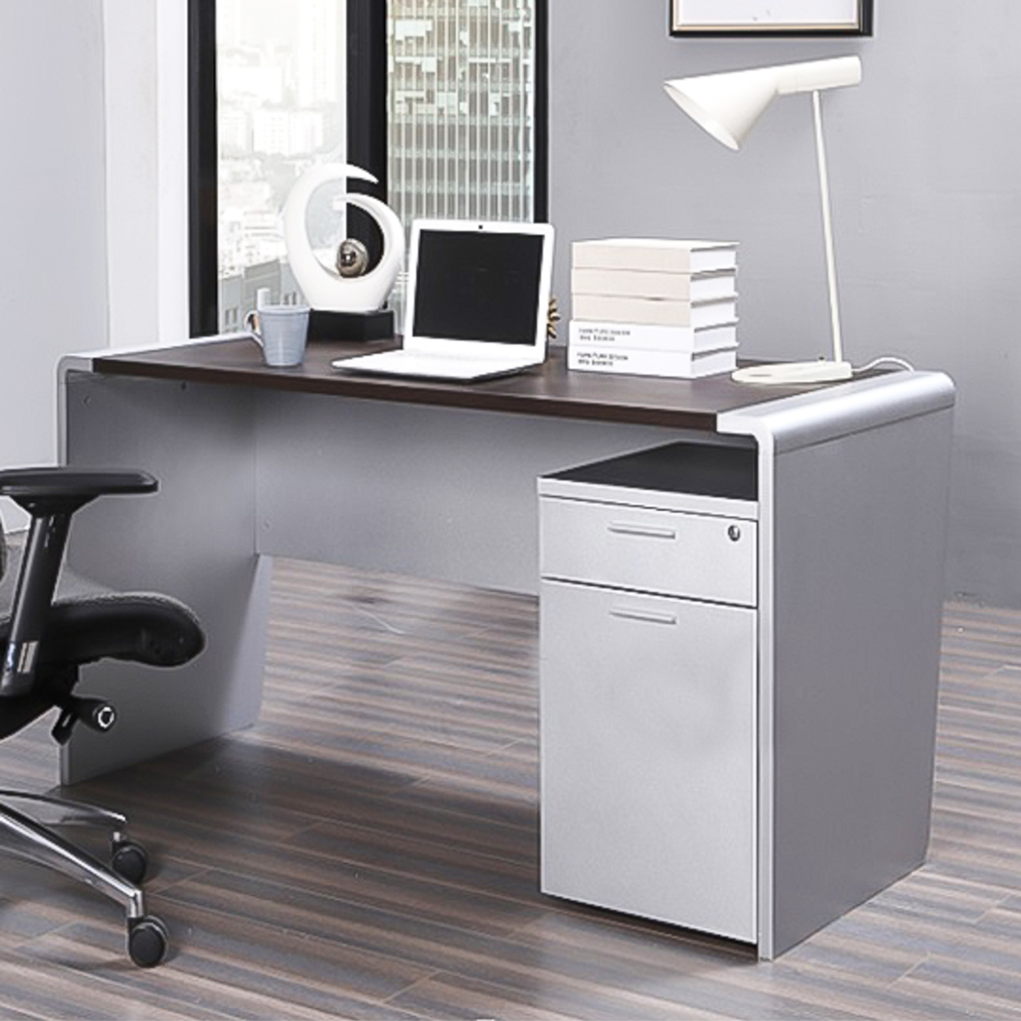 Silver and wood veneer office desk with matching Catalina pedestal.