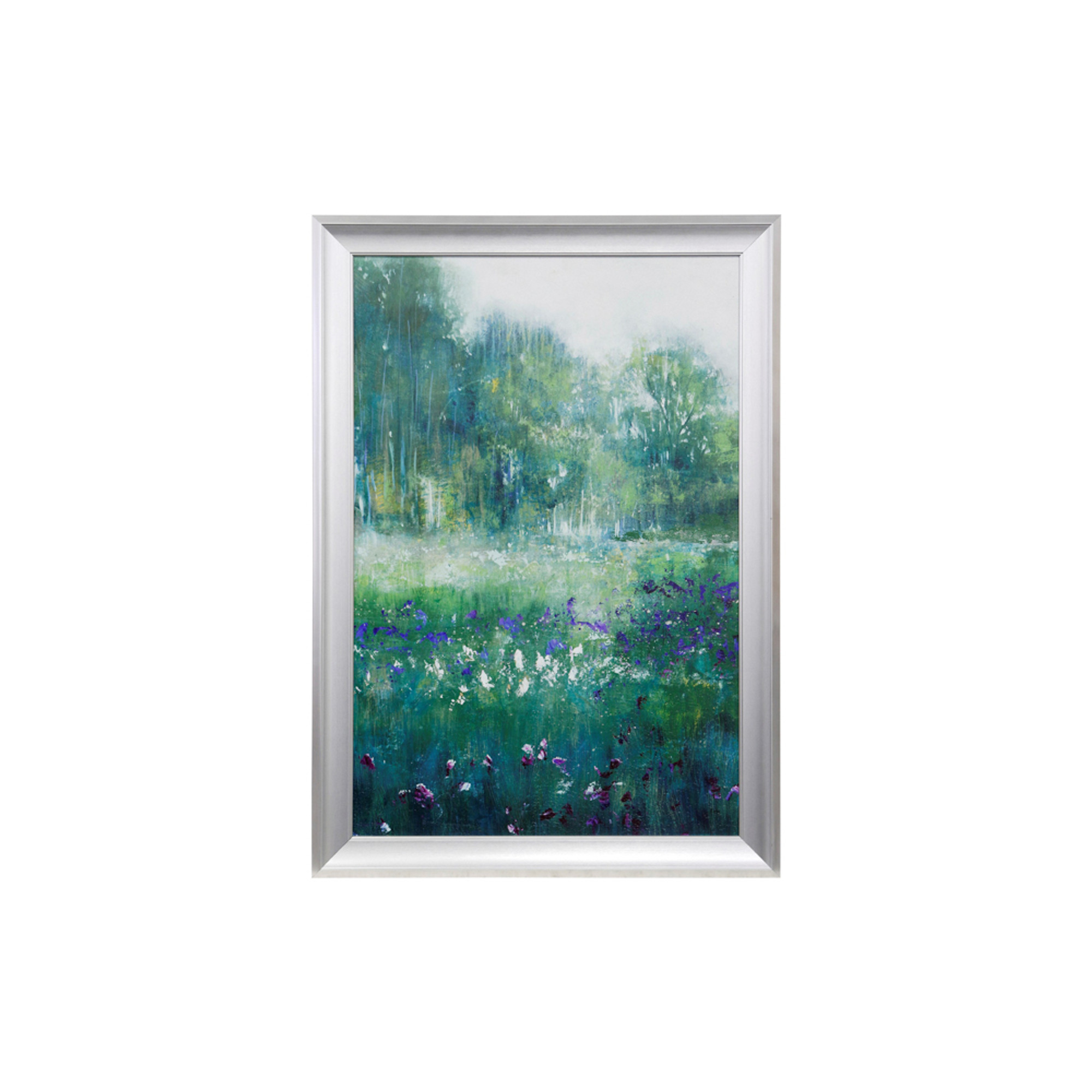 art piece showing a filed with white and blue flowers and trees in the background