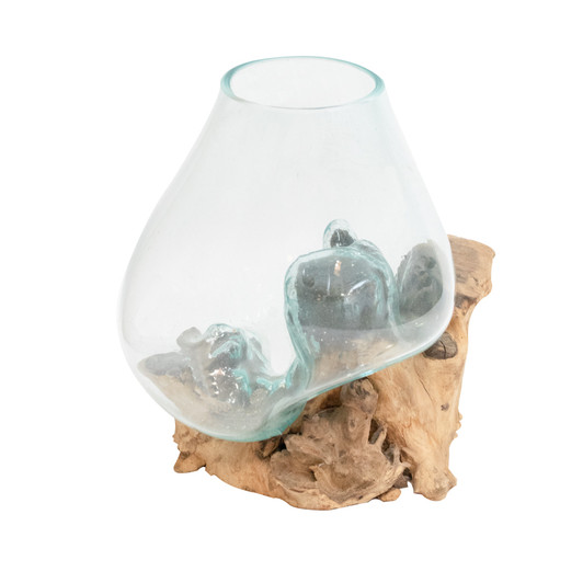 glass fish bowl with a natural wood base glass fish bowl with a natural wood base