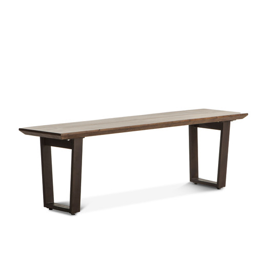 three quarter view of a long bench with wooden top and steel base three quarter view of a long bench with wooden top and steel base