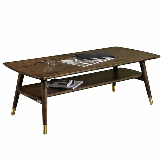 bi-level walnut wood coffee table with gold accents on the legs bi-level walnut wood coffee table with gold accents on the legs
