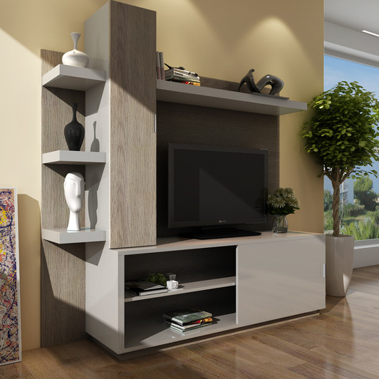 two toned asymmetrical, modern wall unit with white shelves and cabinets. two toned asymmetrical, modern wall unit with white shelves and cabinets.