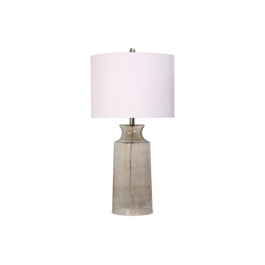 light brown glass base with a wire going through the middle. This table lamp also has a white lampshade.