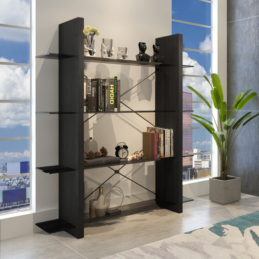 dark wood bookcase with four shelves and metal accents. dark wood bookcase with four shelves and metal accents.