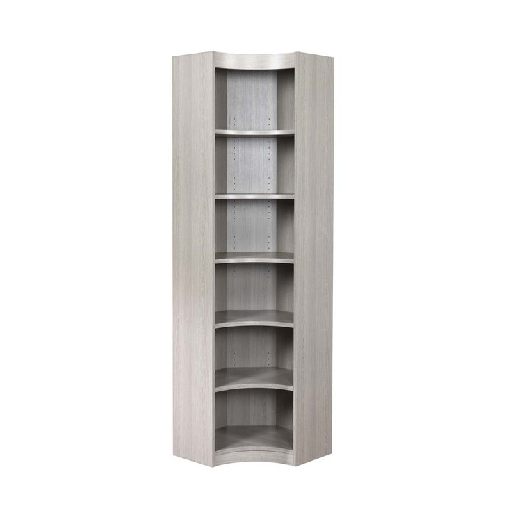 corner section of bookcase in light gray with six shelves