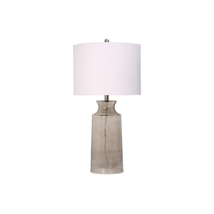 light brown glass base with a wire going through the middle. This table lamp also has a white lampshade.