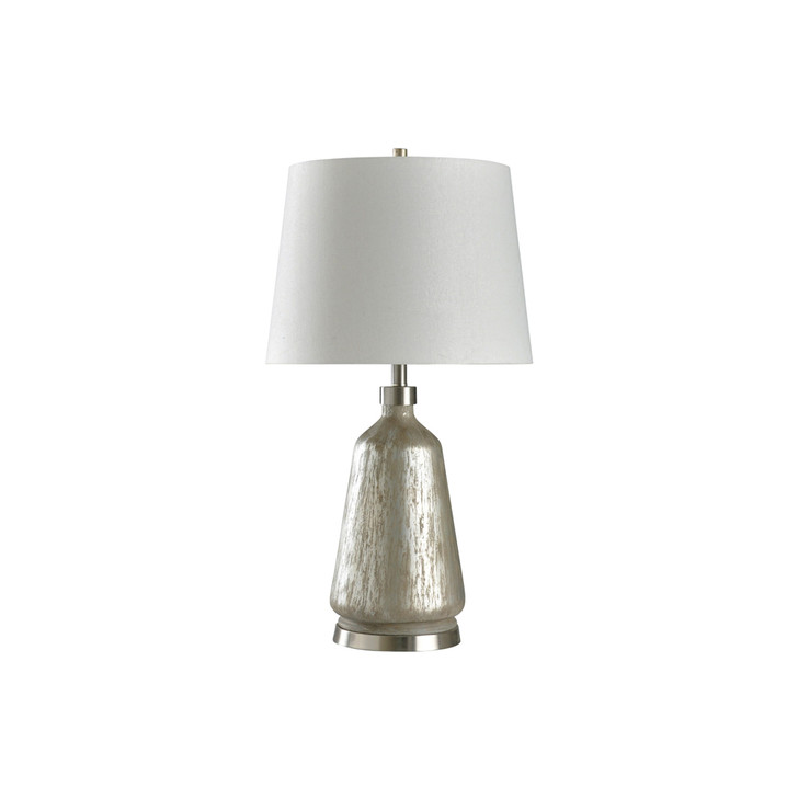 silver toned metal base table lamp with white lampshade