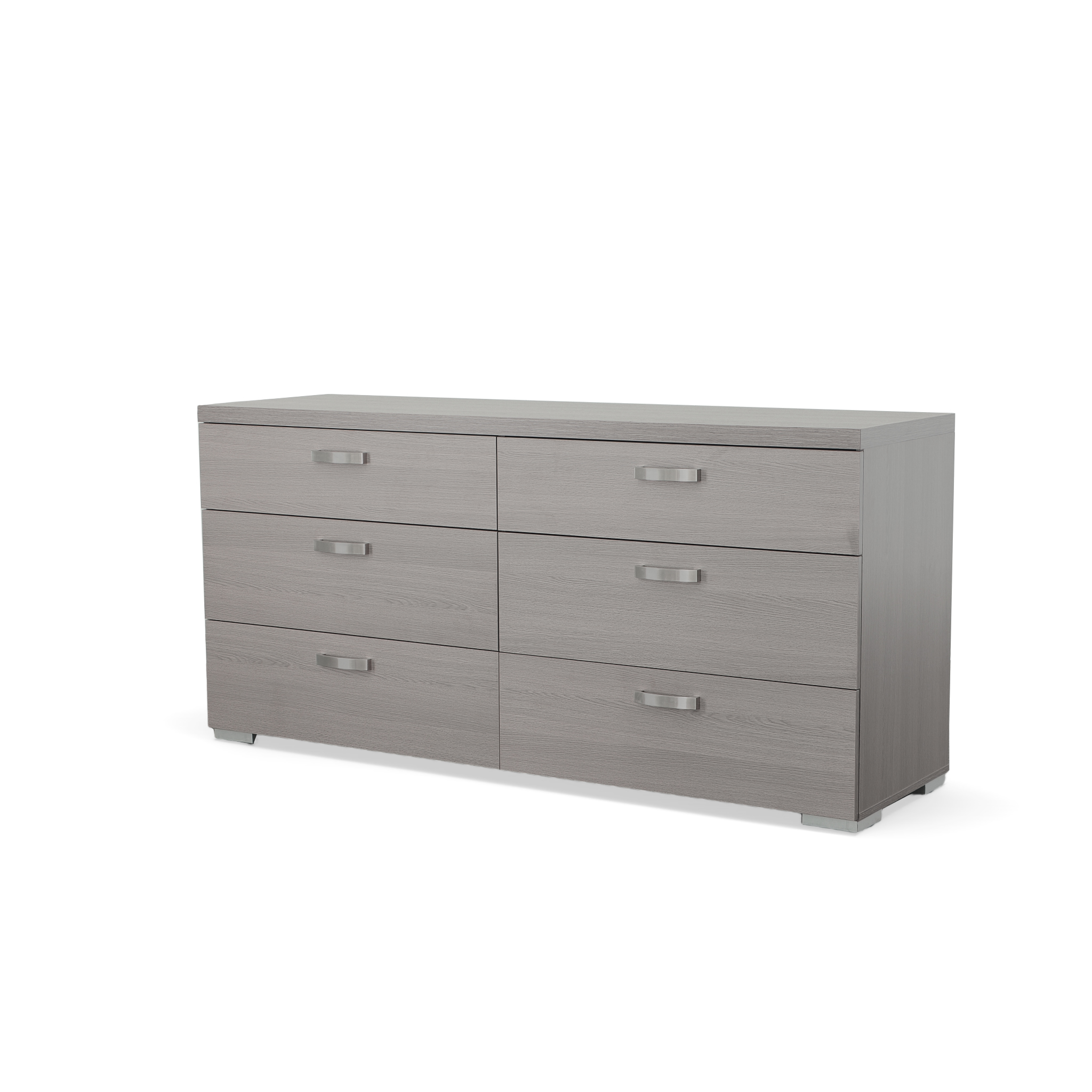 simple white double dresser with six drawers and steel metal handles