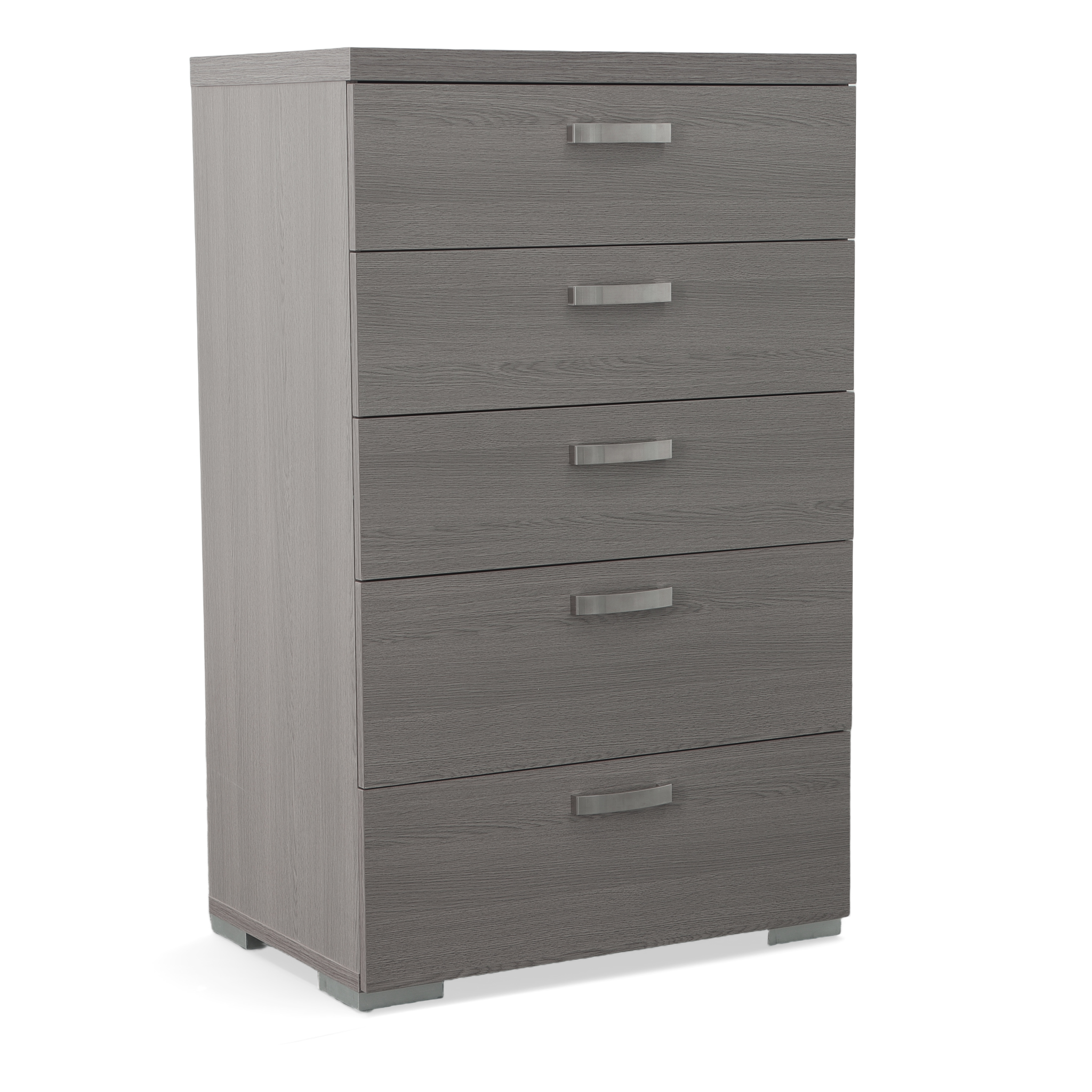 modern, dark wood high chest with five drawers and two legs