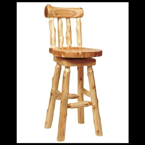 Log Barstool With Backrest
Counter Height:  17"W x 19"D x 37"H
Bar Height: 17"W x 19"D x 43"H
Swivel seat. Contoured seat for superior comfort.
STANDARD FEATURES:
Clear-coat catalyzed lacquer finish for extra durability.
Northern White Cedar logs are hand peeled to accentuate their natural character and beauty.
Individually hand crafted.
WOOD BURNING* OPTIONS

Wood burning of wildlife on backrest is available for an upcharge - Item #16312 (scene name).
Scene options: Wolf, Deer, Fish, Moose, Raccoon, Bear, and Cabin.
 
Available with or without arms, in counter height, or bar height(43"h).