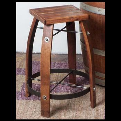 Made from recycled wine barrel staves and hand-forged wrought iron. Choose from wood or leather seat. Available in 24", 28", 30", and 32" heights.