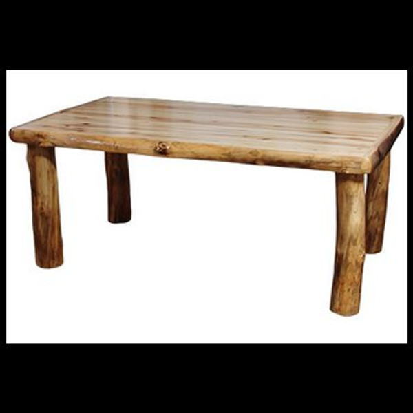 This aspen furniture comes in natural or wild panel and natural or gnarly log. The table options include angled corners, sliding top, single or double expansion (single expansion is one 22" leaf and the double is 2-22" leaves), pub or counter heights and liquid glass finish. The rectangular tables come in 60", 72", 84", 96", 10', 12', 14' or 16' lengths. 
42″W Dining Table (72″L) shown in Wild Panel & Natural Log