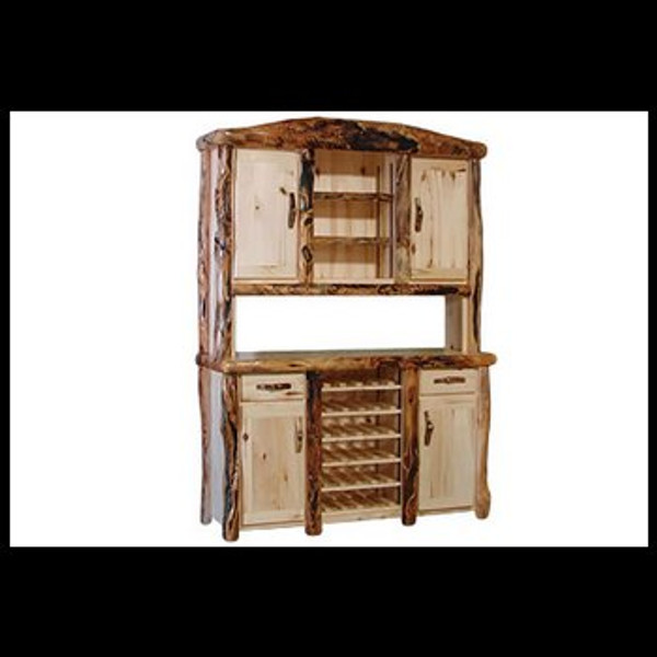 Bar Buffet and Hutch in Flat Front (60″W) shown in Natural Panel & Gnarly Log
with 6-WIne Bottle Shelf (WB)
Buffet: 60"W x 20"D x 35"H Hutch: 60"W x 16"D x 45'H