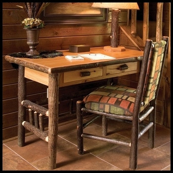 Individually hand crafted from bark on, kiln dried, Hickory Logs; finished with a  clear-coat catalyzed laquer for extra durability. Features 2 drawers with full extension ball-bearing glides. Also available in Open Style. Choose from Traditional Hickory, Rustic Maple, Rustic Alder, or Espresso Finish. Chair sold separately.