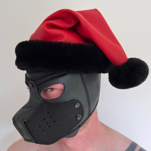 Red Leather Santa Hat with Black Trim